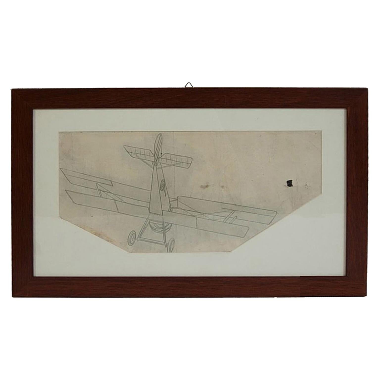 Vintage Original Aviation Pencil Drawing Depicting a Hanriot HD 1 WWI Aircraft