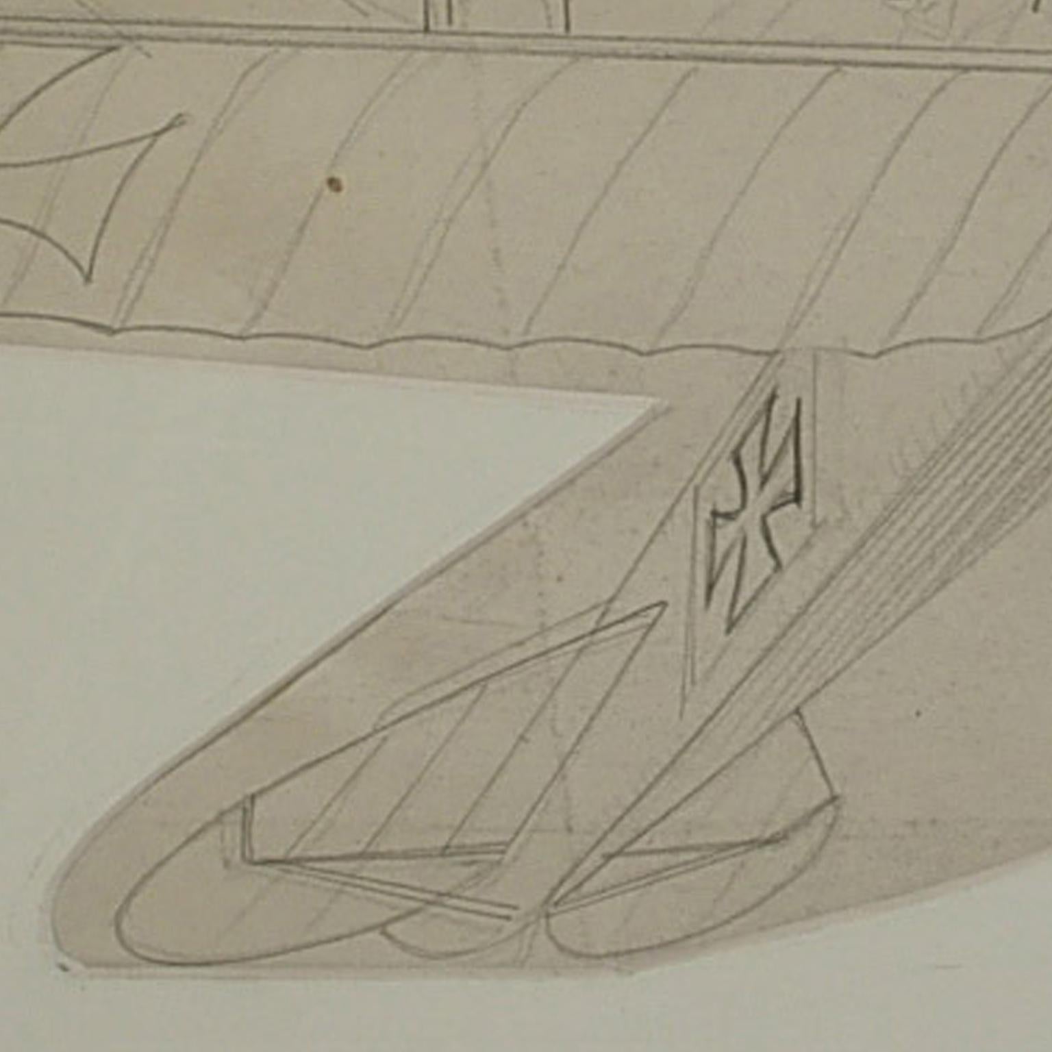 italien Drawing original vintage d'aviation au crayon représentant un avion Albatros CIII de la Première Guerre mondiale en vente
