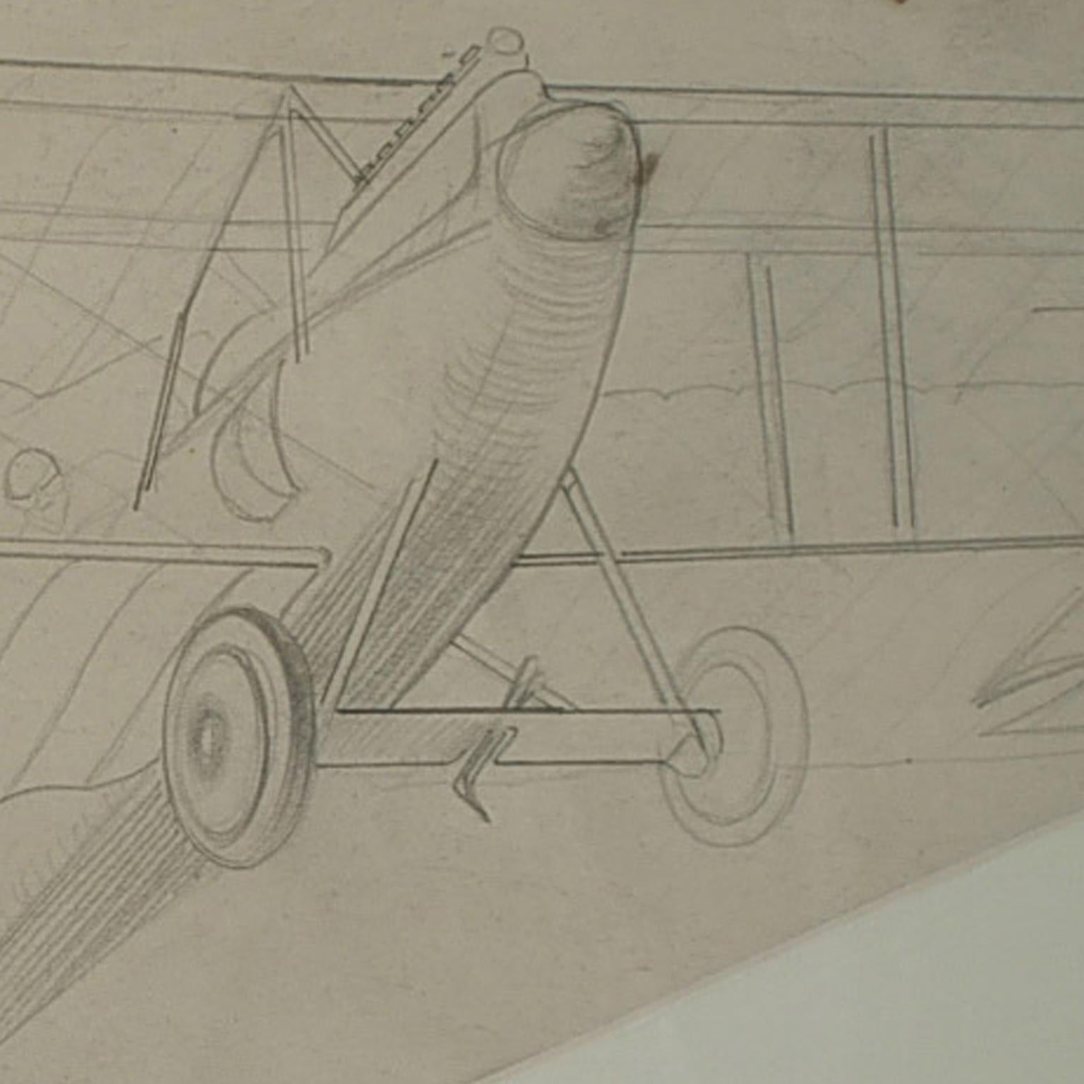 Drawing original vintage d'aviation au crayon représentant un avion Albatros CIII de la Première Guerre mondiale Excellent état - En vente à Milan, IT