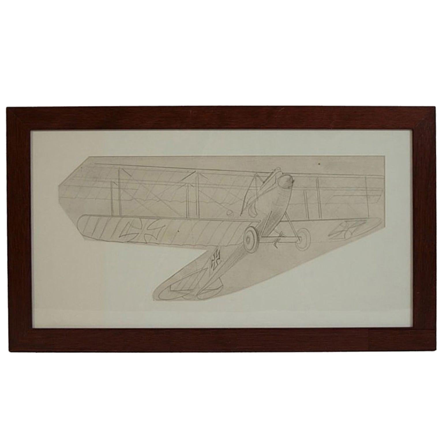 Vintage Original Aviation Pencil Drawing Depicting an Albatros CIII WWI Aircraft For Sale