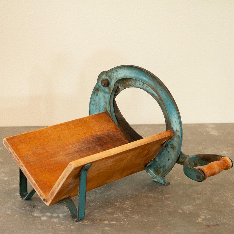 Vintage Original Blue Painted Danish Raadvad Bread Cutter In Good Condition In Round Top, TX