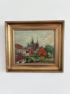Vintage Original Church Oil Painting, European Village Landscape
