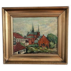 Vintage Original Church Oil Painting, European Village Landscape