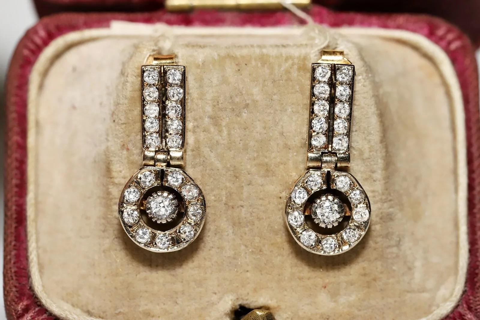Vintage Original Circa 1970s 18k Gold Natural Diamond Decorated Drop Earring For Sale 7