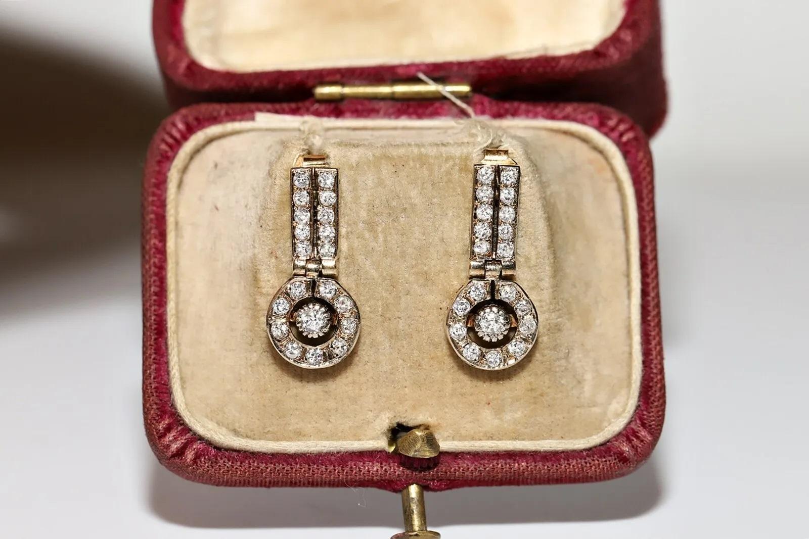 Vintage Original Circa 1970s 18k Gold Natural Diamond Decorated Drop Earring For Sale 8