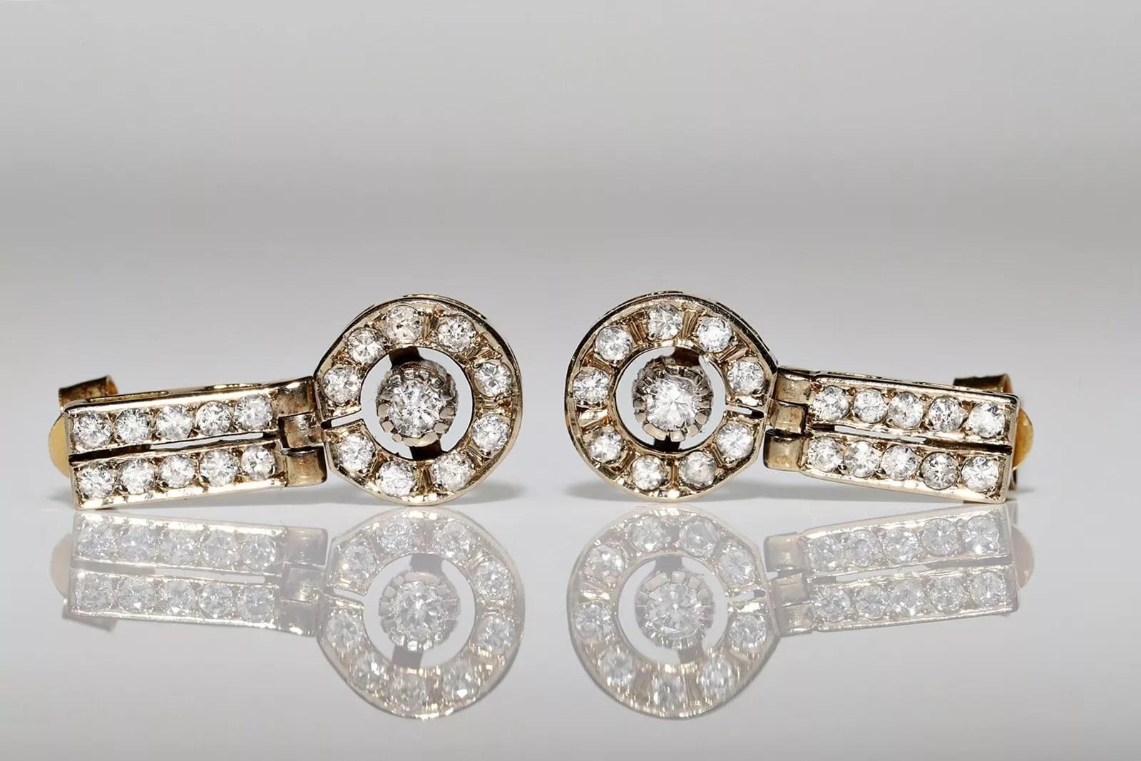 Vintage Original Circa 1970 Boucles d'oreilles pendantes en or 18k ornées de diamants naturels Bon état - En vente à Fatih/İstanbul, 34
