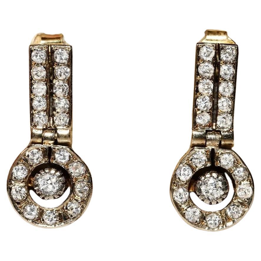Vintage Original Circa 1970s 18k Gold Natural Diamond Decorated Drop Earring For Sale