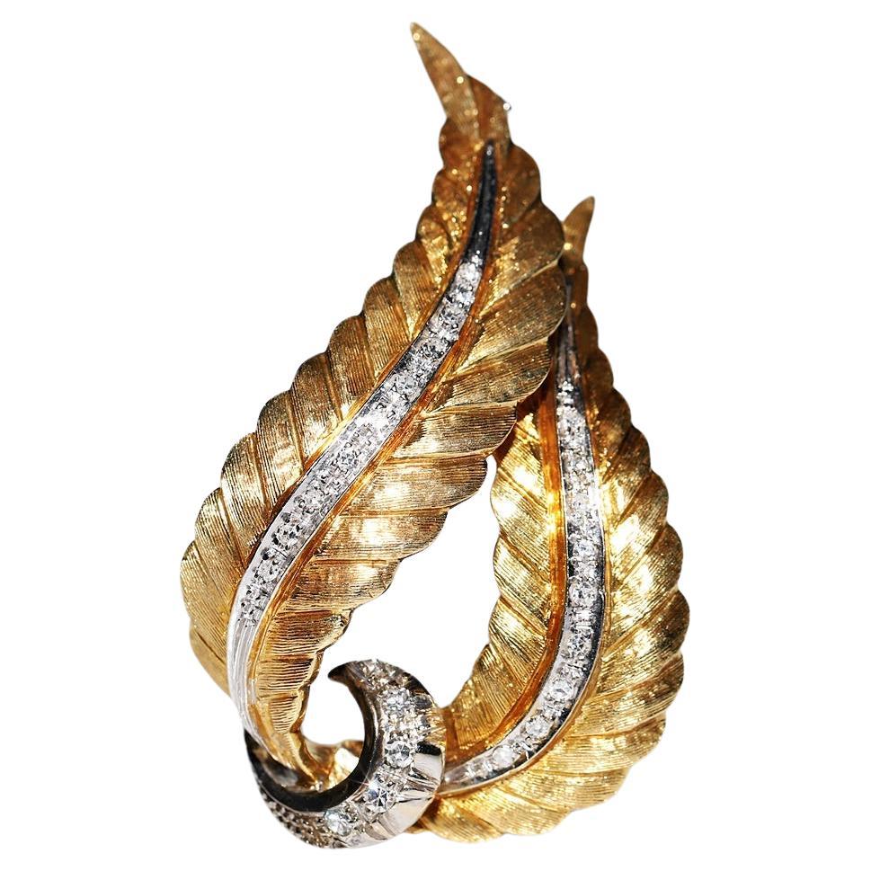 Vintage Original CIRCA 1970er 18k Gold Natürlicher Diamant Blatt Brooche