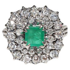 Vintage Original Circa 1970s 8k Gold Natural Diamond And Emerald Decorated Ring
