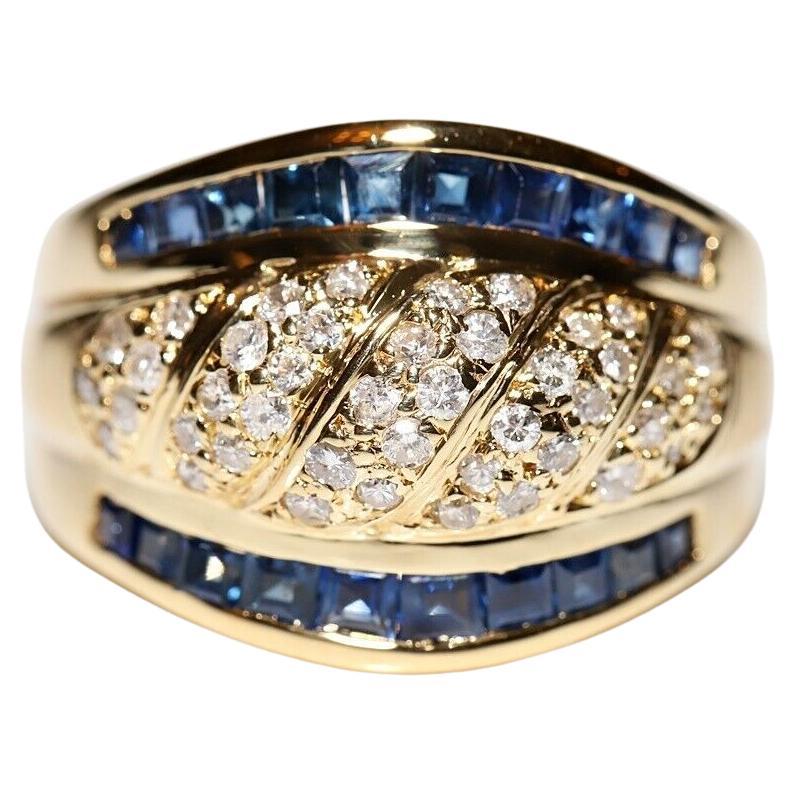 Vintage Original Circa 1980s 18k Gold Natural Diamond And Sapphire  Ring For Sale