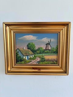 Cuadro al óleo vintage original de un paisaje con casita de campo, arte rural