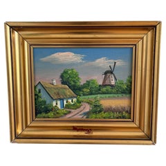 Cuadro al óleo vintage original de un paisaje con casita de campo, arte rural