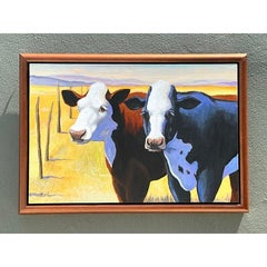 Vintage Original Cow Painting on Canvas
