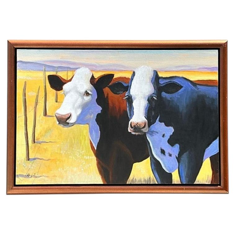 Peinture originale vintage sur toile représentant une vache