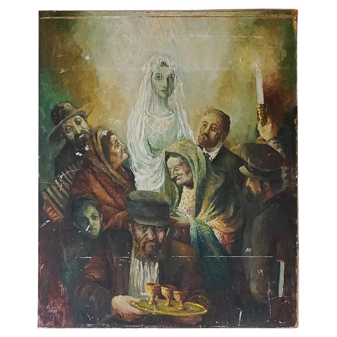 Vintage Original Depiction of a Jewish Wedding, Oil Painting by J. Leiba, 1950s For Sale