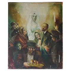 Représentation originale vintage d'un mariage juif, peinture à l'huile par J. Leiba, années 1950