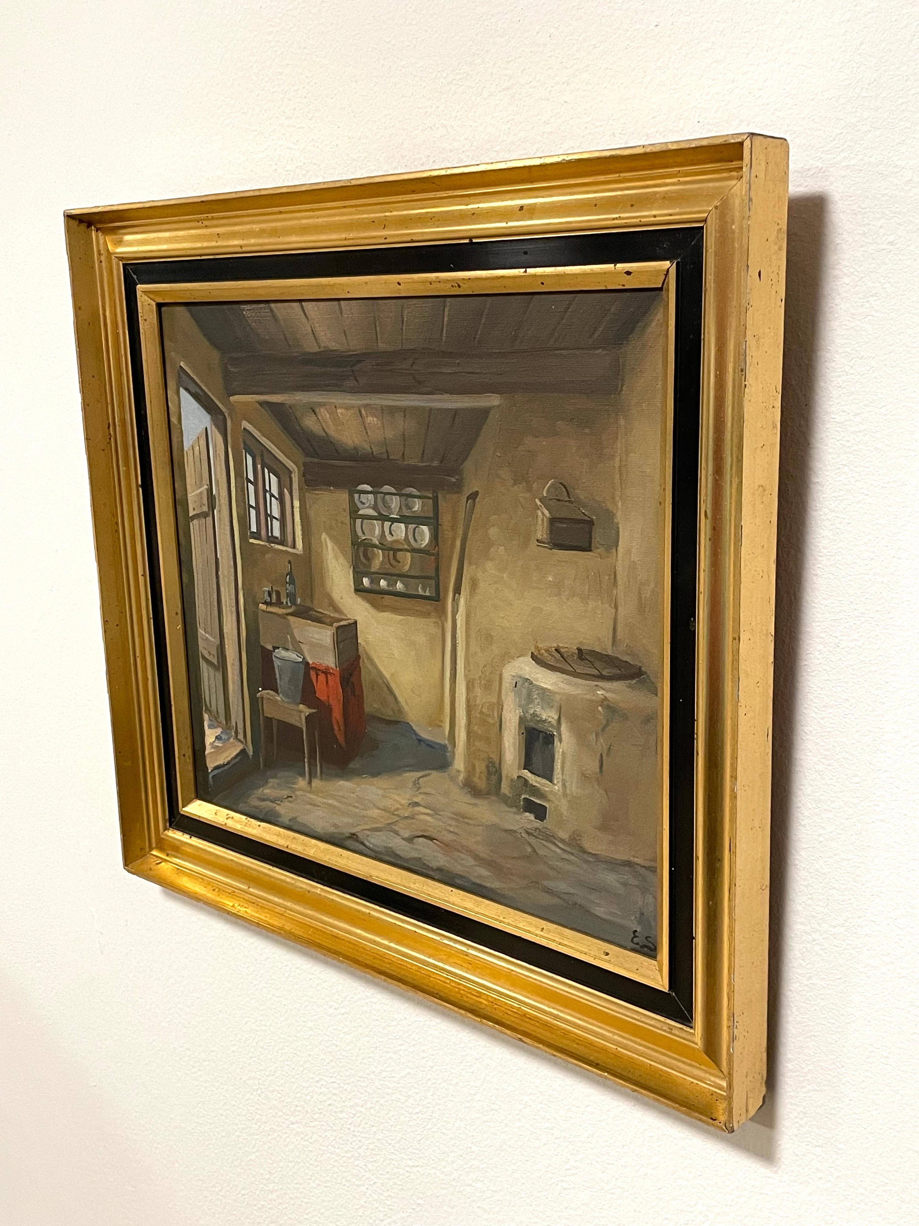 Country Vintage original early 20th cent. Eiler Sørensen interior painting from Denmark  For Sale