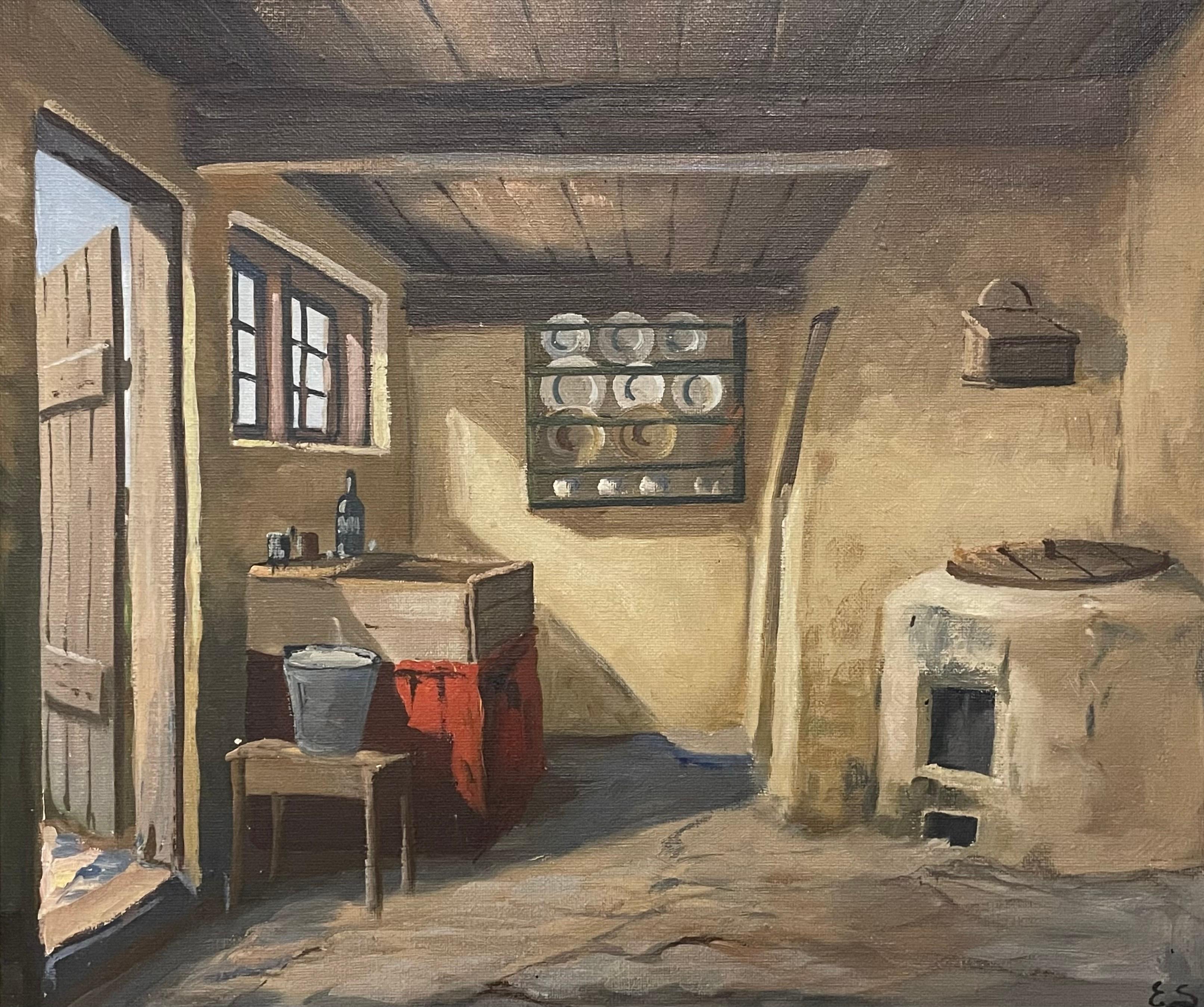 Vintage original early 20th cent. Eiler Sørensen interior painting from Denmark  In Good Condition For Sale In Ebberup, DK