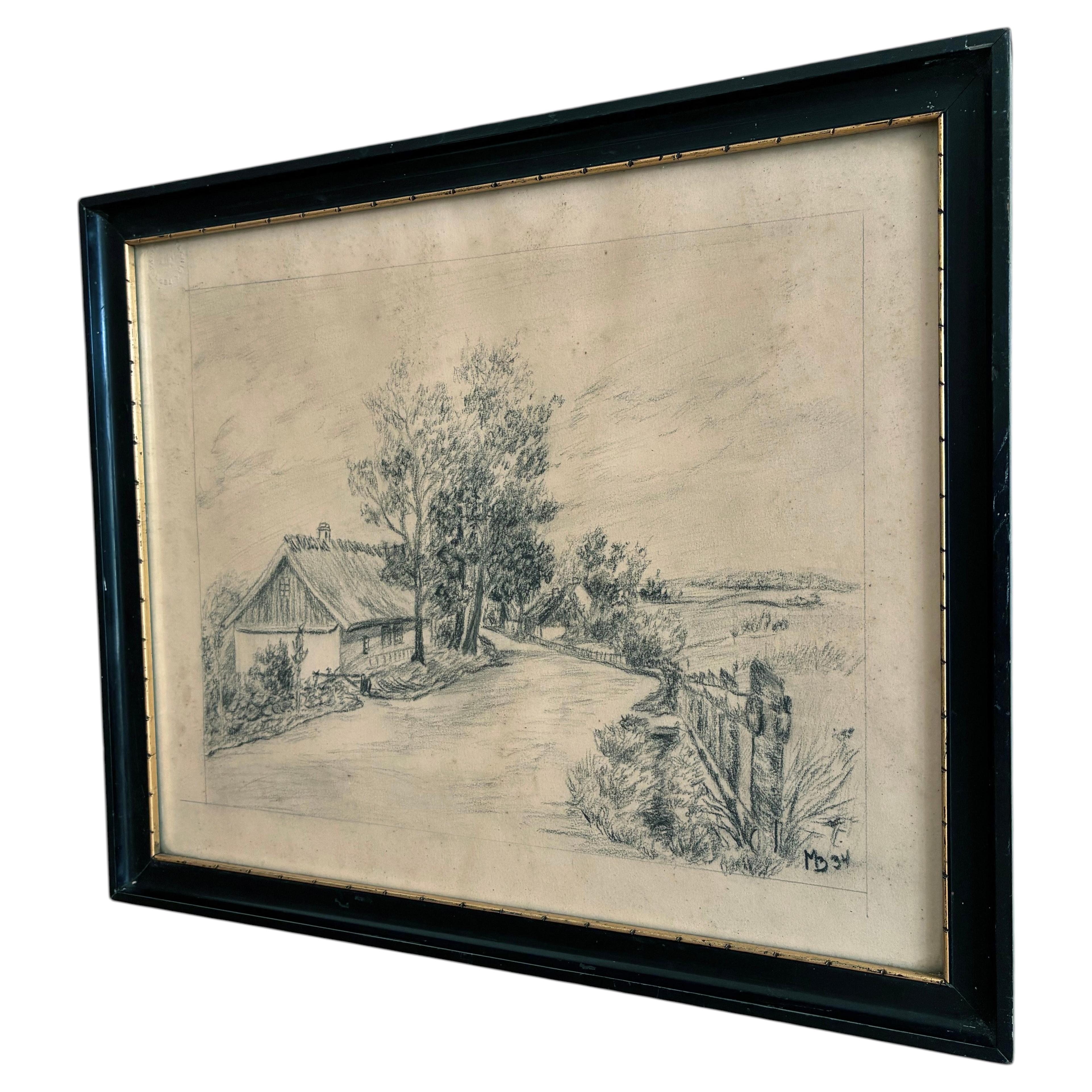 Dessin vintage original représentant une ferme, 1934 – Art champêtre représentant un cottage