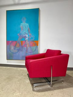 Vintage Original Figurative Acrylic on Canvas of Boy with Bicycle, Large Scale