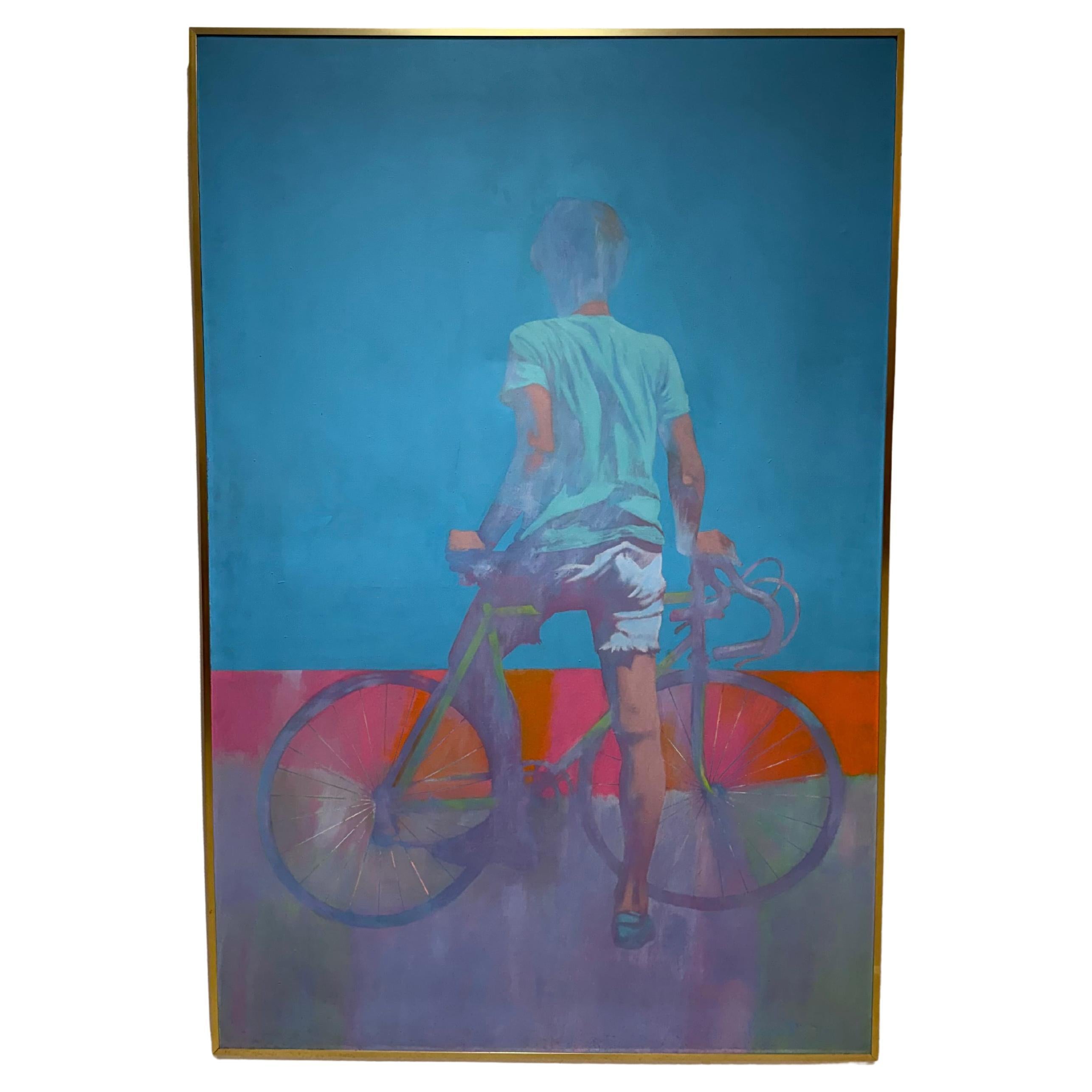 Vintage Original figurative Acryl auf Leinwand von Junge mit Fahrrad, großformatig