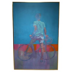 Vintage Original figurative Acryl auf Leinwand von Junge mit Fahrrad, großformatig