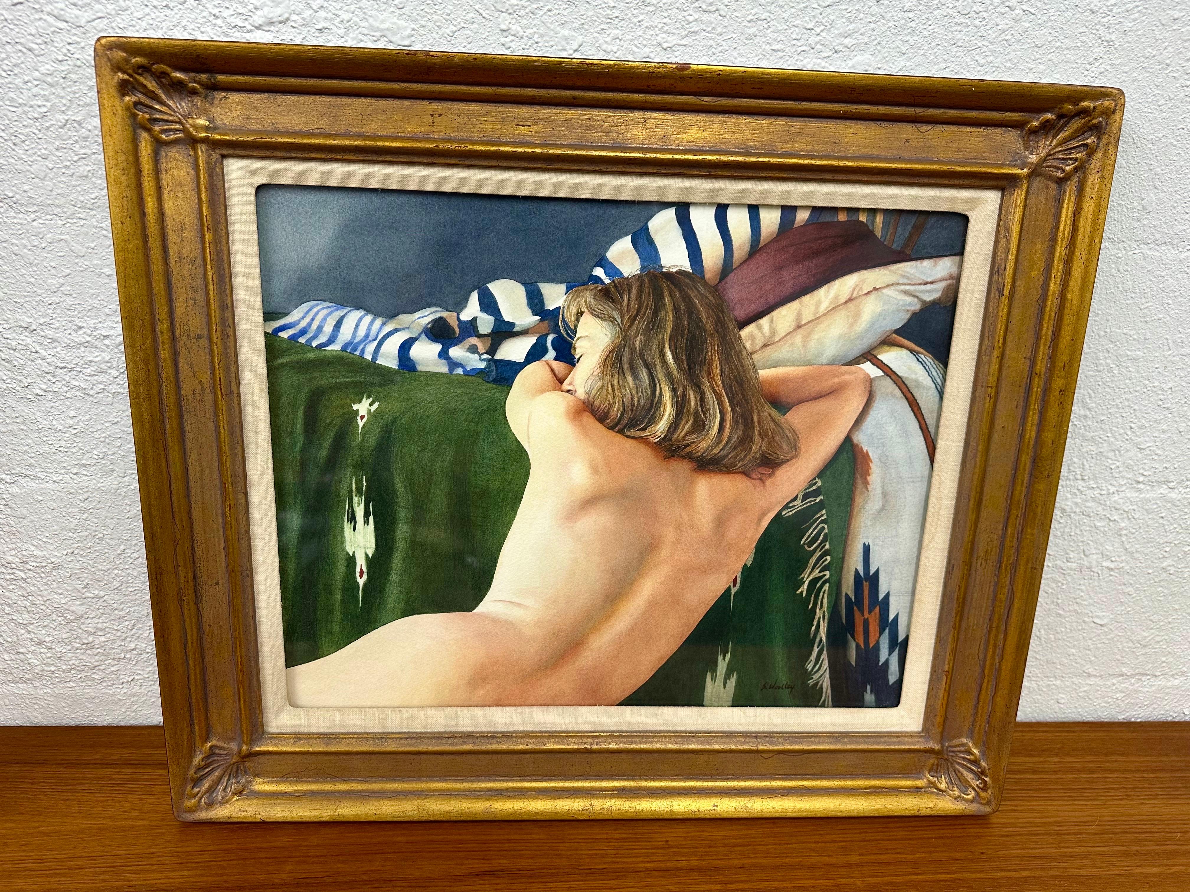 Original Watercolor Figurative Female Nude in gilt gold wood frame c.1980’s titled Asleep, by Texas artist Stephanie Woolley. Original Gallery tag and COA attached to back, purchased at a New Mexico art gallery by original owner for $1400.

Painting