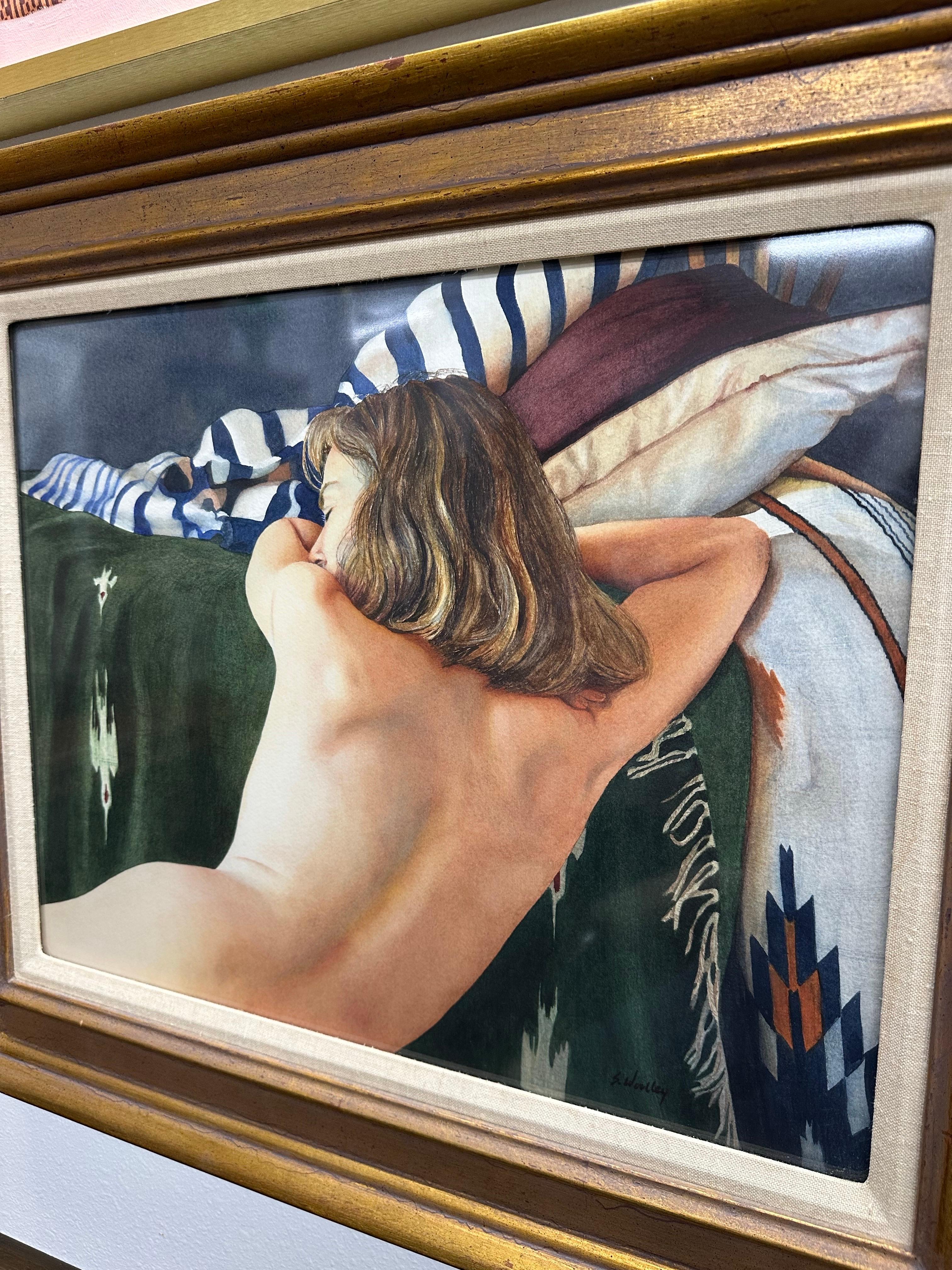 Bohemian Vintage Original Figurative Nude Watercolor Framed Painting, Stephanie Woolley For Sale