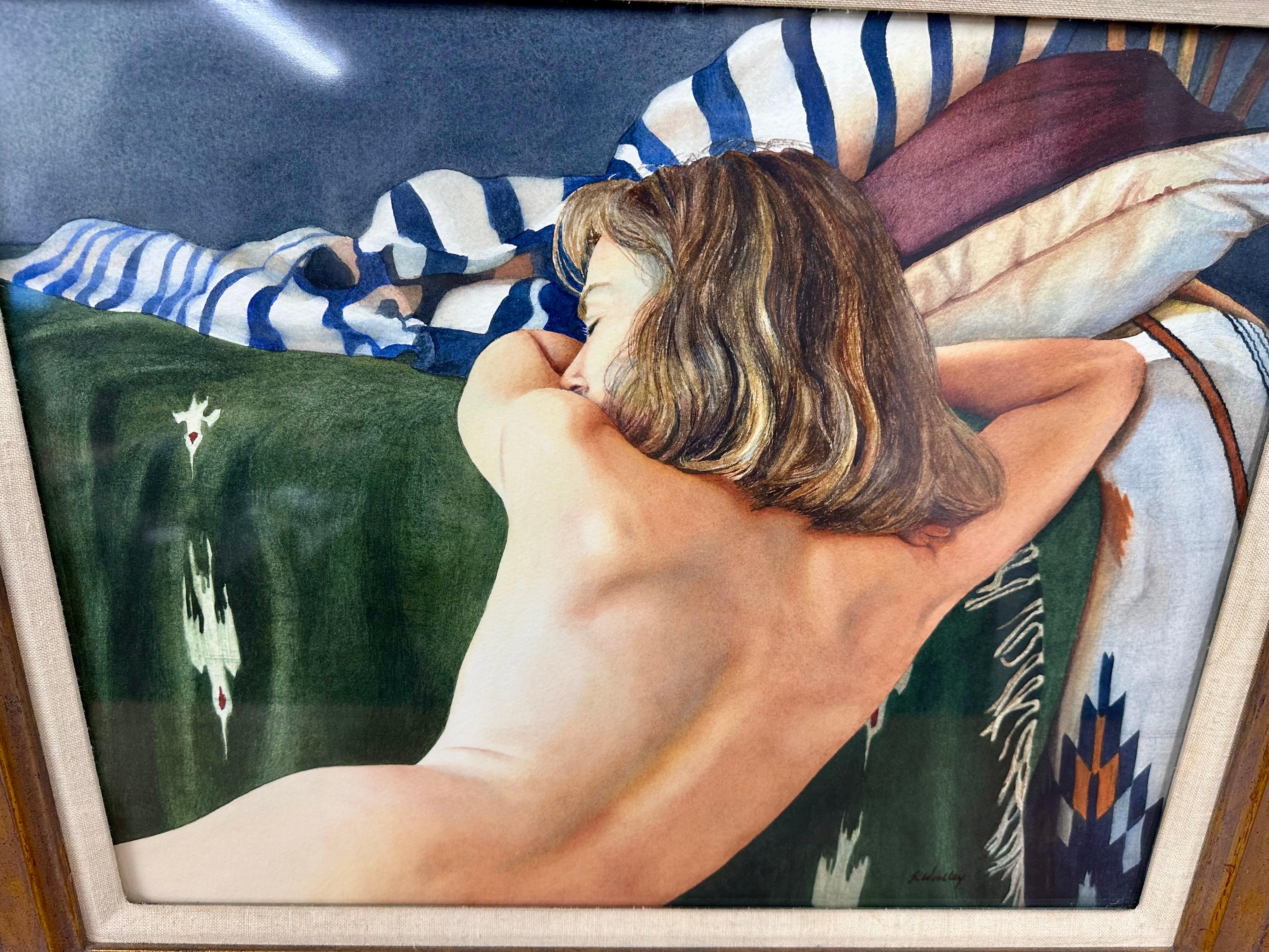 Hand-Painted Vintage Original Figurative Nude Watercolor Framed Painting, Stephanie Woolley For Sale