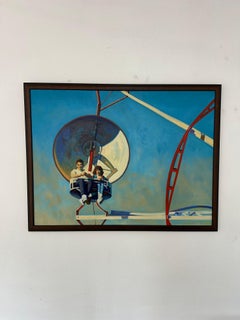 Vintage Original Figurative Oil Painting of Parachute Carnival Ride