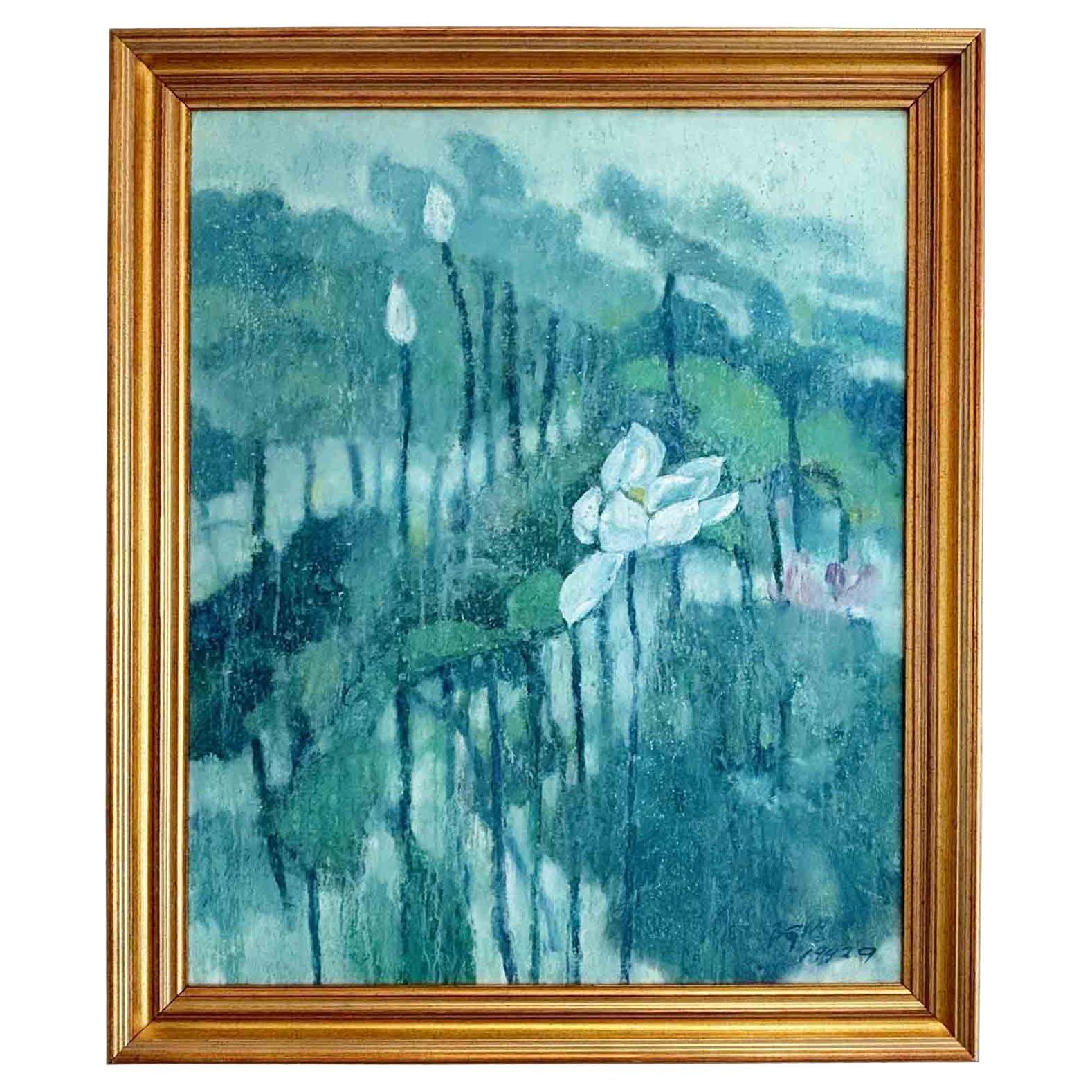 Vintage Original Floral Lanscape Water Lily "in the Rain" Wall Art by Zhang Yibo