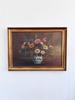 Vintage Original Floral Oil Painting with Blue and White Vase
