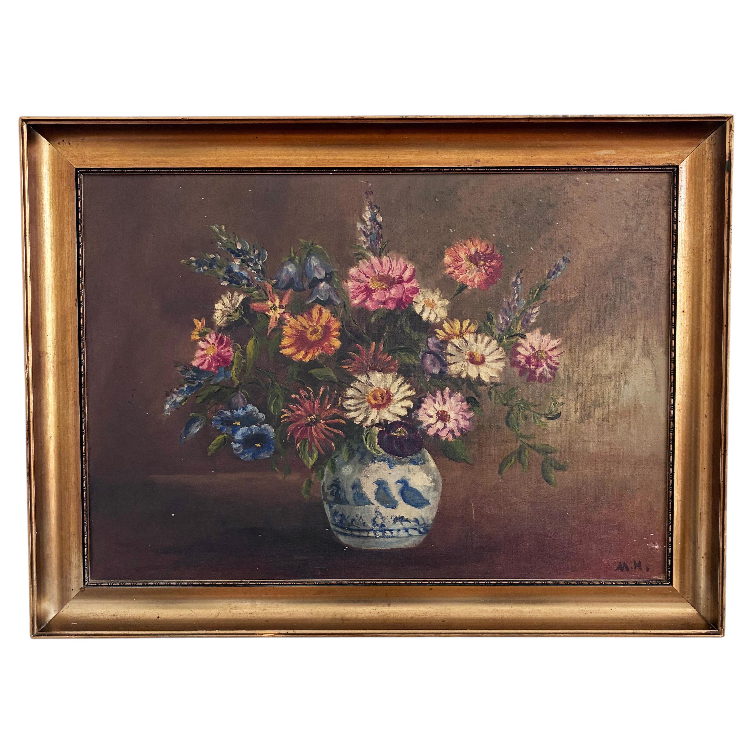 Vintage Original Floral Oil Painting with Blue and White Vase
