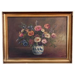 Vintage Original Floral Oil Painting with Blue and White Vase