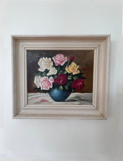Vintage Original Floral Rose Oil Painting, Signed Flower Art