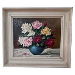 Vintage Original Floral Rose Oil Painting, Signed Flower Art