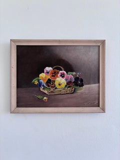 Pintura al óleo original vintage de flores, bodegón floral enmarcado