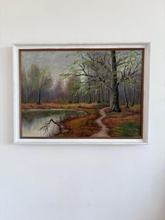 Peinture à l'huile originale vintage d'un paysage forestier, vers les années 1960