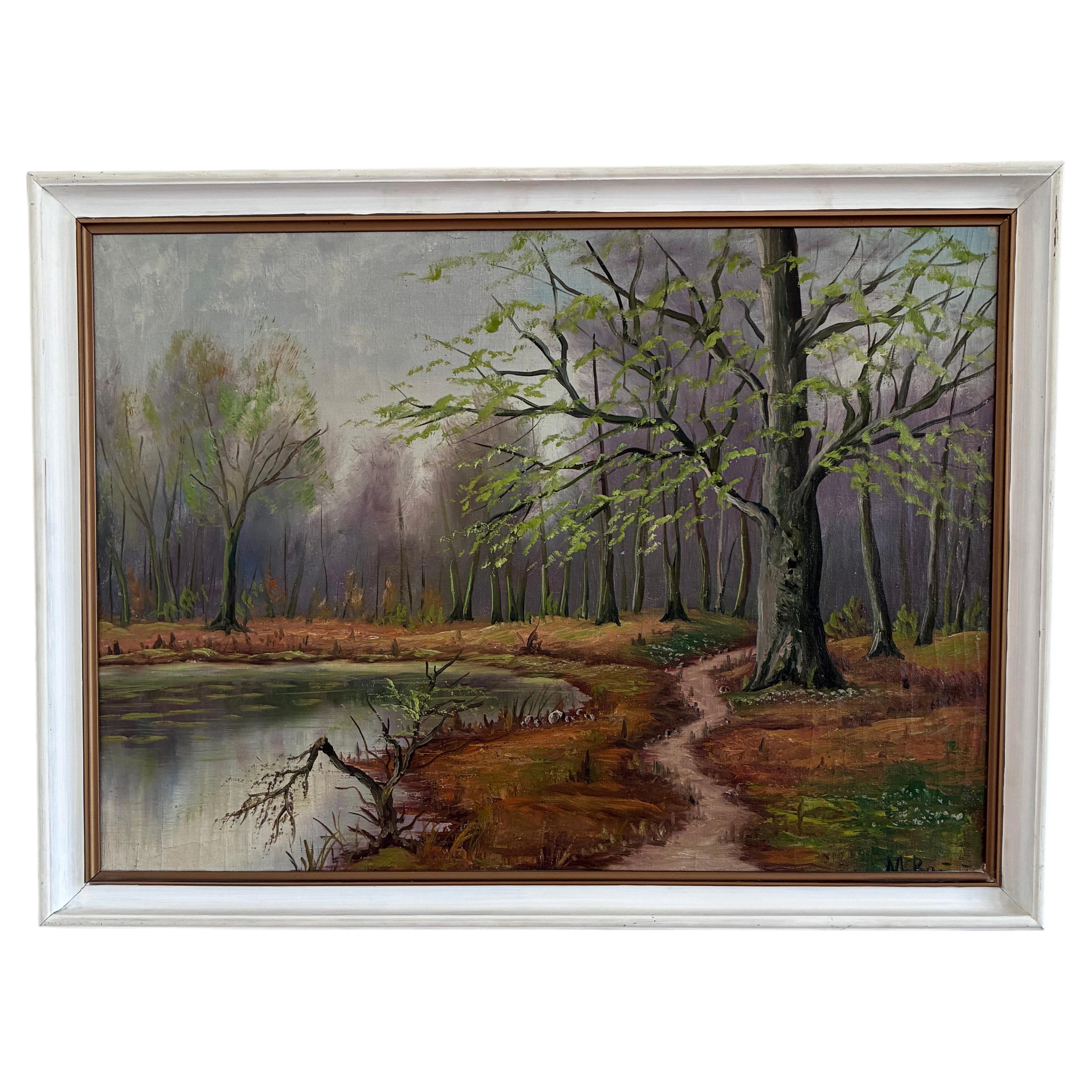 Pittura ad olio originale d'epoca con paesaggio forestale, anni '60 circa in vendita