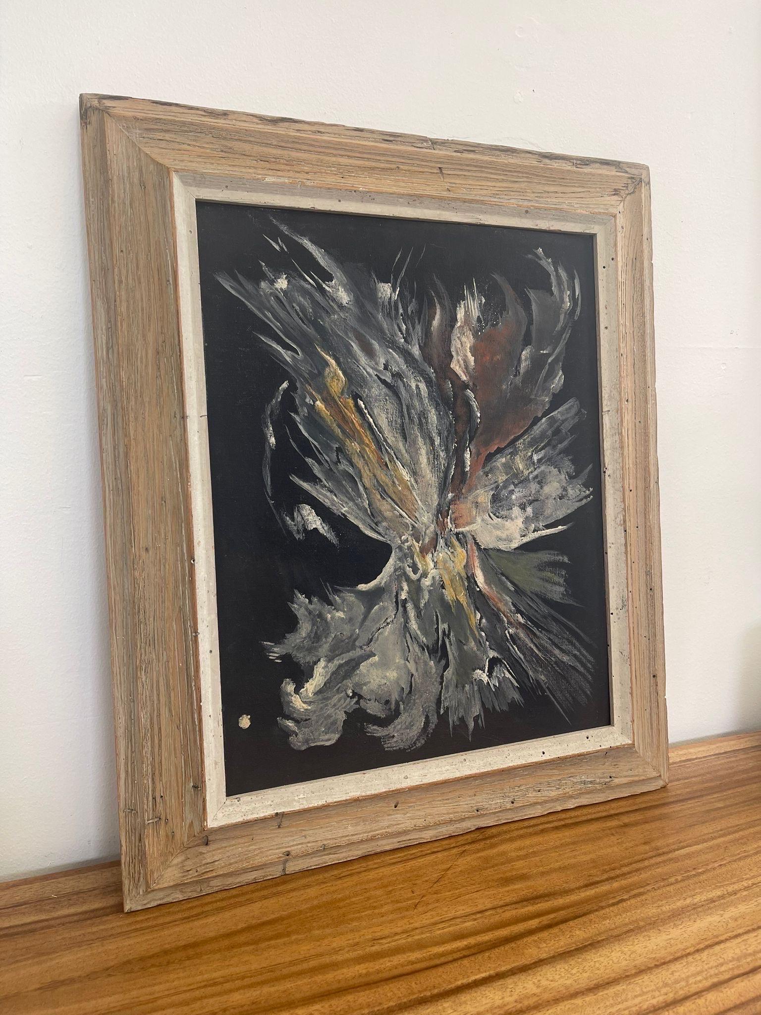 Vintage painting within wooden frame by Artist Grutla Stimson. Possibly acrylic. Abstract Painting with Black and white tones. Possibly Circa 1970s. Vintage Condition Consistent with Age as Pictured.

Dimensions. 22 W ; 1 D ; 26 H