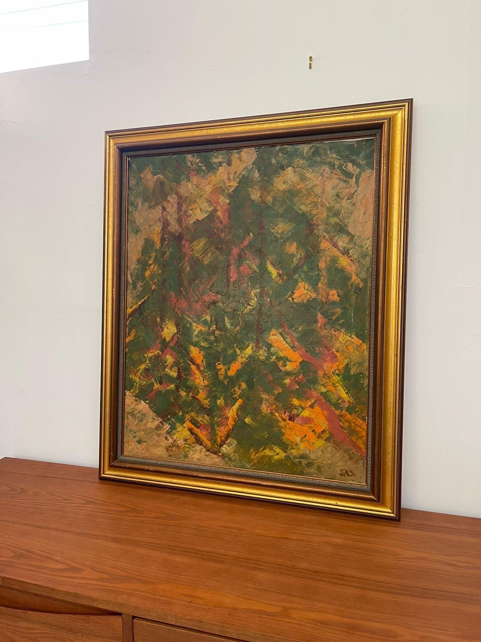Possibly Acrylic on Canvas within wood frame. Frame has gold Accent. Muted color palette primarily green and orange. Signed in the Lower Corner as pictured. Vintage Condition Consistent with Age as Pictured.

Dimensions. 29 1/2 W ; 3/4 D ; 35 H