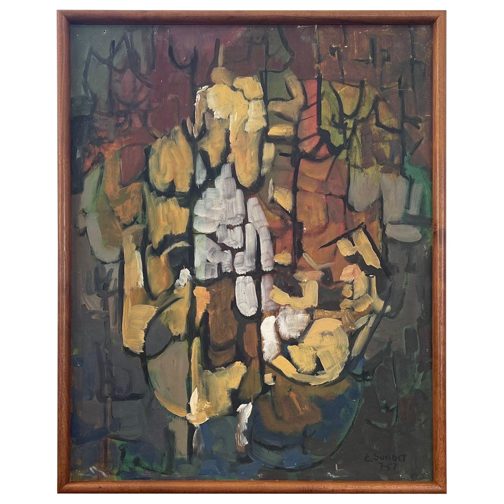 Original gerahmtes und signiertes abstraktes Vintage-Kunstwerk aus der Mitte des Jahrhunderts.