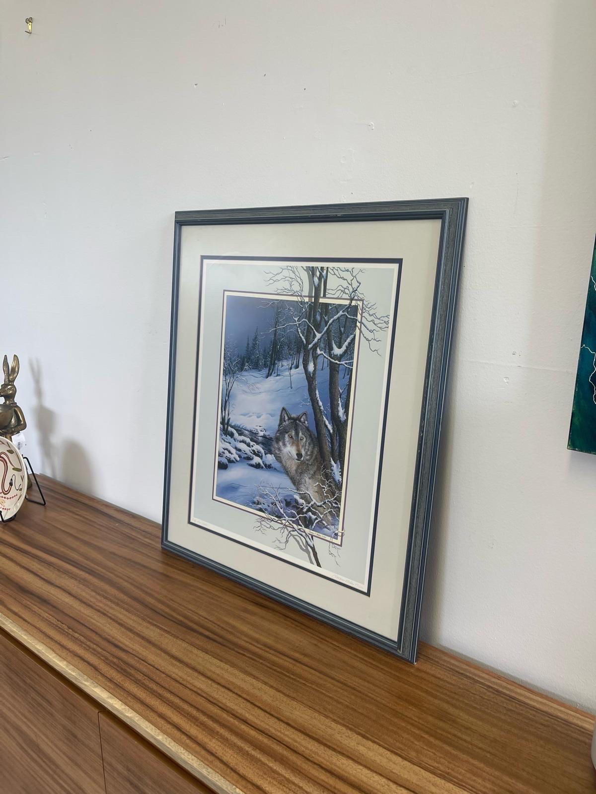 Mid-Century Modern Vintage Original Framed and Signed Art Print Titled “ Wolf Lone Watcher “ For Sale