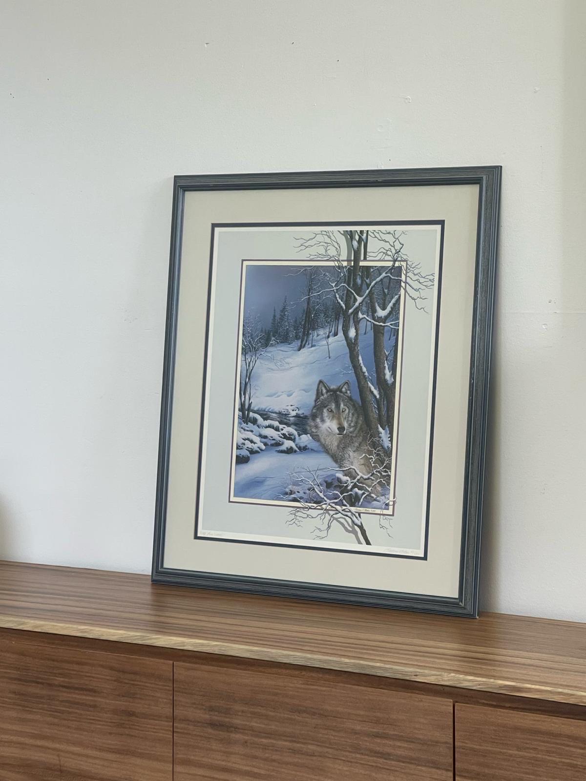 Vintage Original Framed and Signed Art Print Titled “ Wolf Lone Watcher “ In Good Condition For Sale In Seattle, WA