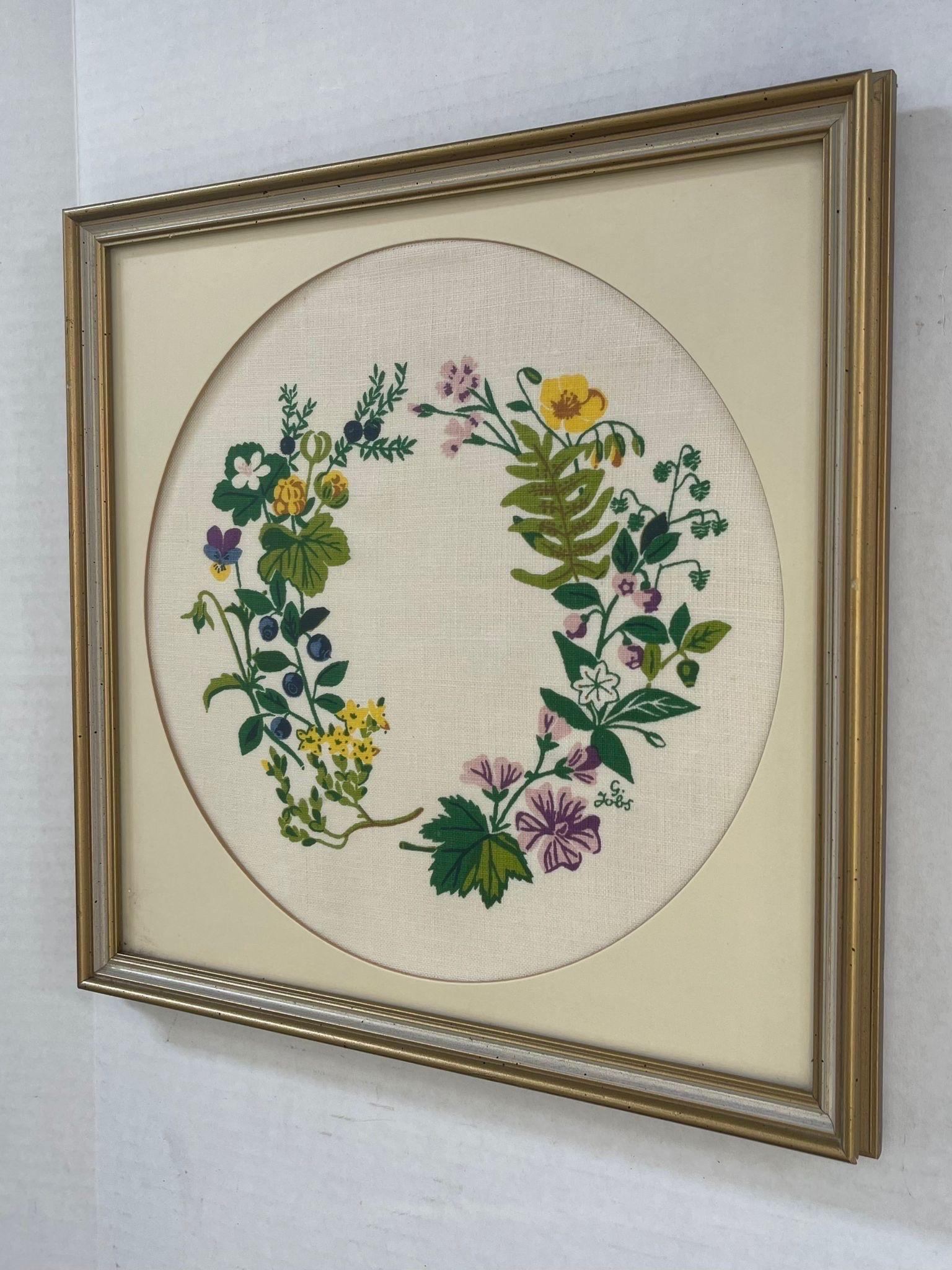 Mid-Century Modern Vintage Original Framed and Signed Floral Wreath Artwork. For Sale