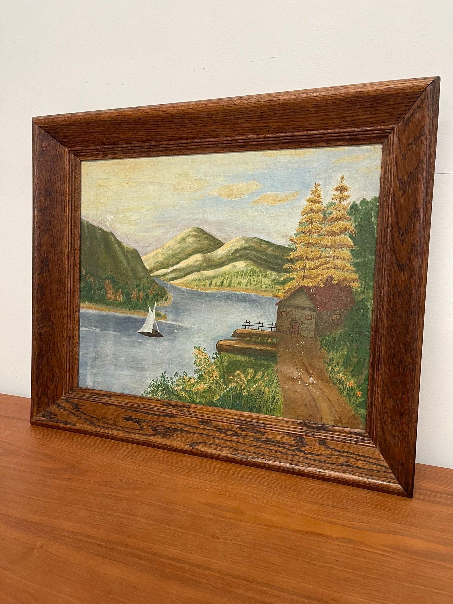 Mid-Century Modern Vintage Original Framed and Signed Lakeside Landscape Artwork. For Sale