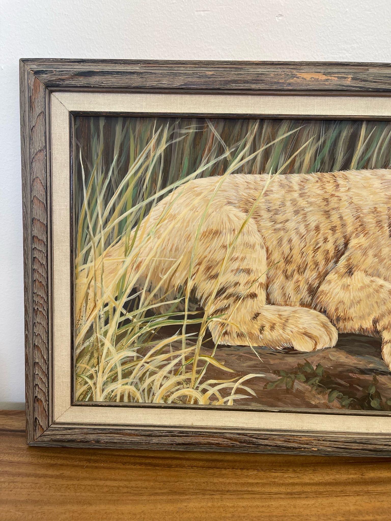 Mid-Century Modern Vintage Original Framed and Signed Painting of Lion Cub by Lori Benton Circa1988 For Sale