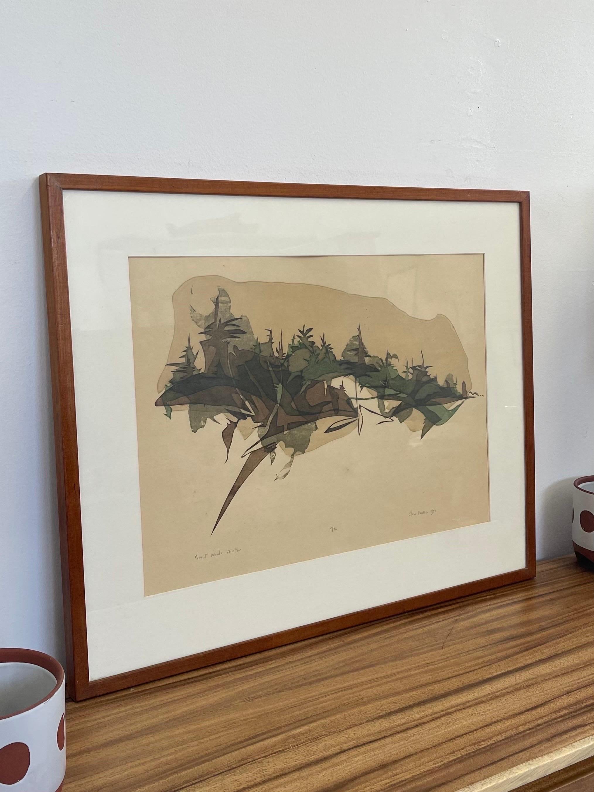 This Silkscreen Print is number 9/12 by Clare Walker. Professionally framed and matted within wooden framing. Abstract Forest Landscape Art. Vintage Condition Consistent with Age as Pictured.

Dimensions. 29 W ; 1/2 D ; 24 H