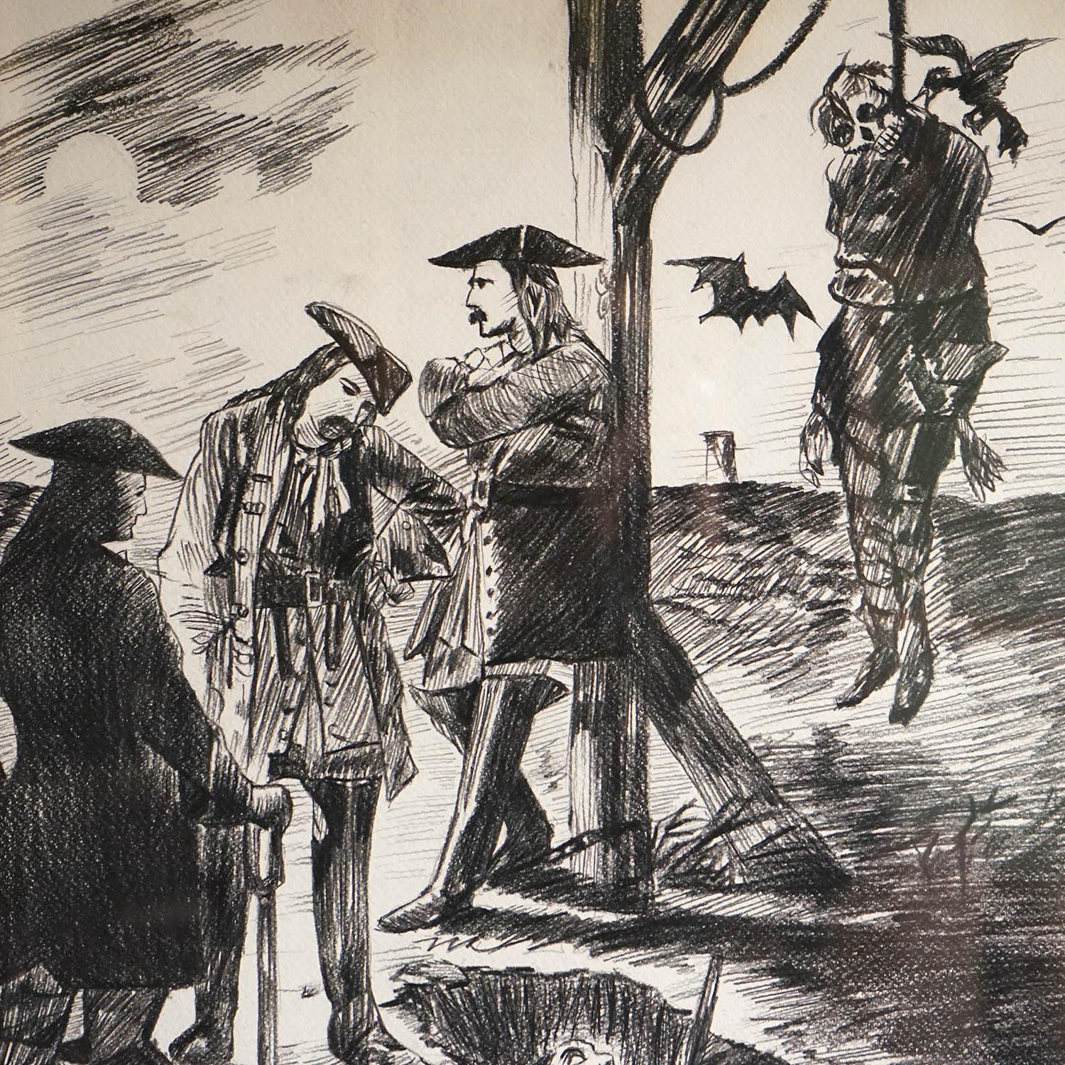 Vintage Original Pencil and Charcoal Study

Depicting a rather serious situation at the gallows, the victim of the hanging appears to have been hanging for a while and is being picked apart by crows. Three men in tricorn hats stand in front of the