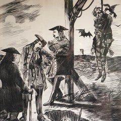 Vintage Original gerahmte Zeichnung, die eine dunkle und makabre hängende Szene zeigt